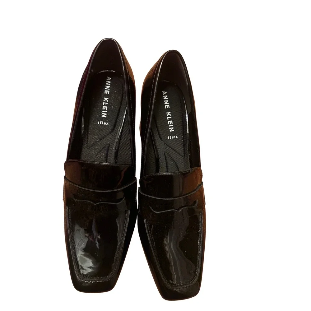 Anne Klein Black Patent Penny Loafer Pumps Square Toe‎ Block Heel iflex size 9